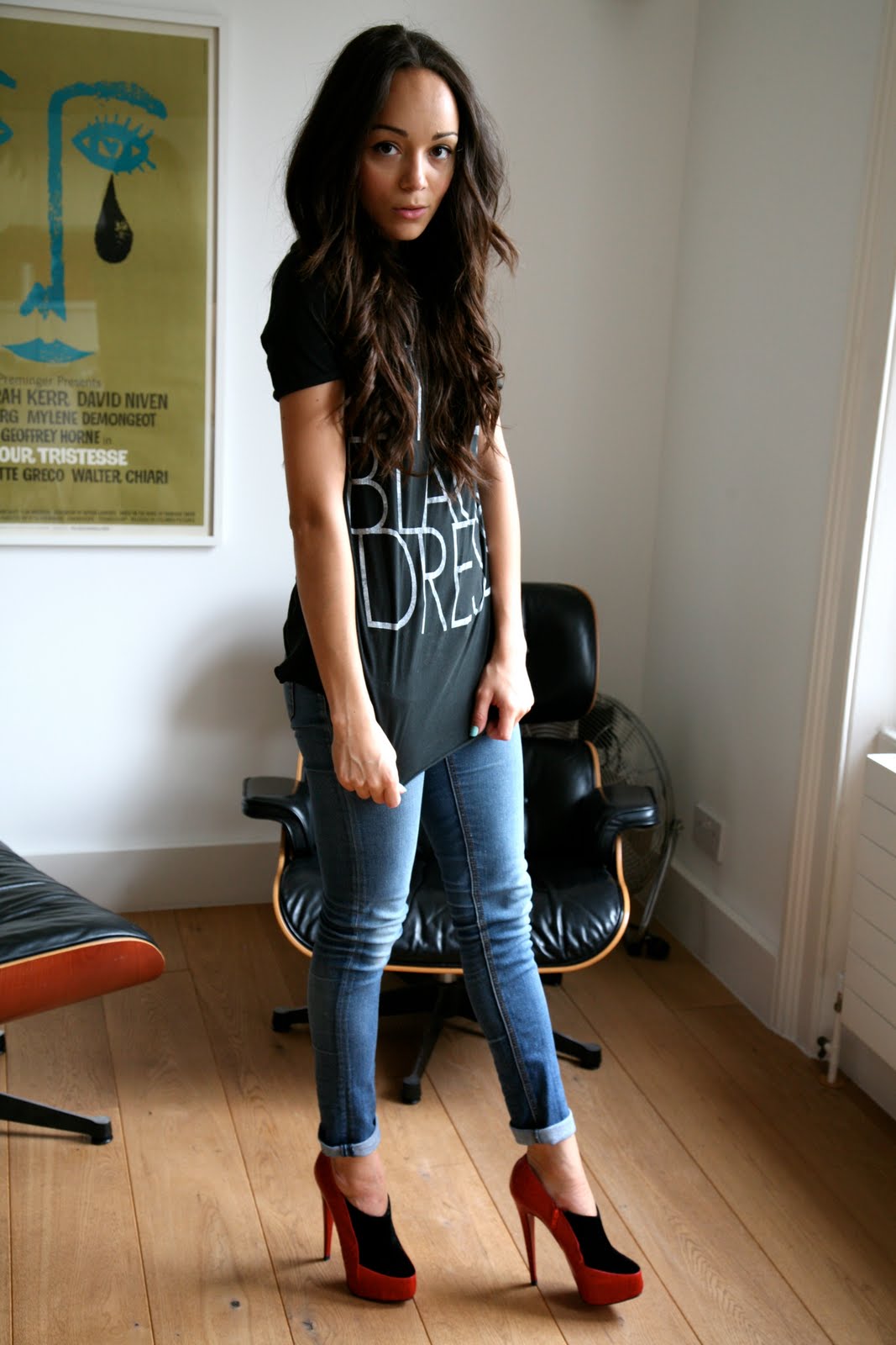 all black outfit with red shoes