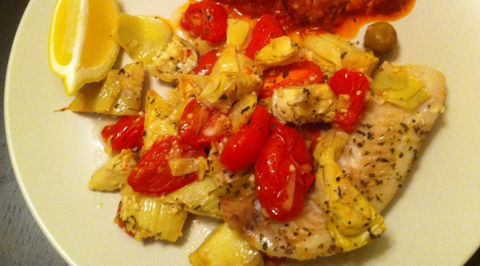 Ashley Marie... Baked Fish with Cherry Tomatoes, Artichoke, and Olives