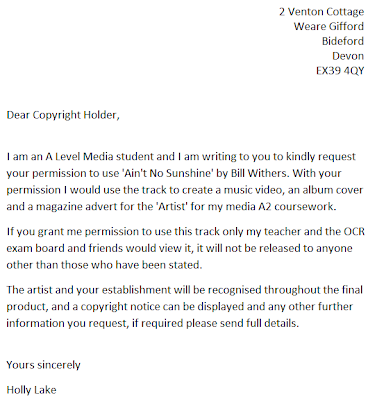 A2 Media Coursework my choice of song and permission letter A2 Media Coursework my choice of song and permission letter