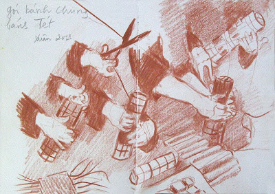 drawing of hands making cakes for tet