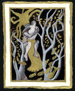 Surreal, sensual ink painting of a merman and human woman mating.
