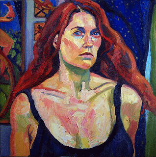 Oil painting self portrait of head and shoulders with paintings on wall in background