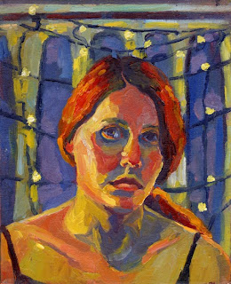 Self portrait oil painting of head and shoulders in front of webbed xmas lights