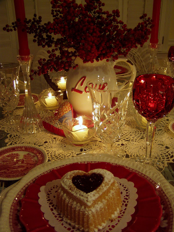 Valentine's Day Table Setting Tablescape with Raspberry Heart Cakes