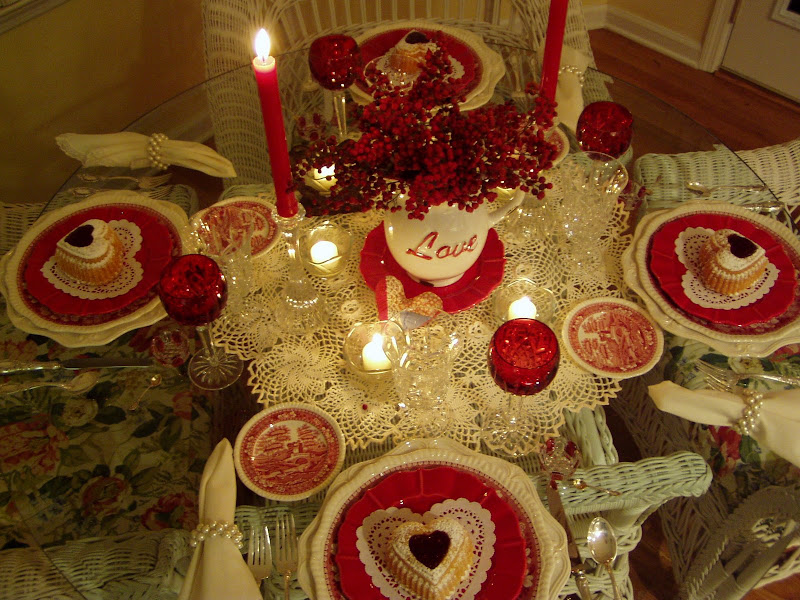 Valentine’s Day Table Setting Tablescape with Raspberry Heart Cakes and ...