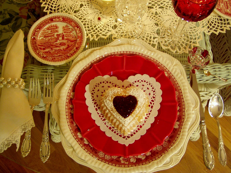 Valentine's Day Table Setting Tablescape with Raspberry Heart Cakes