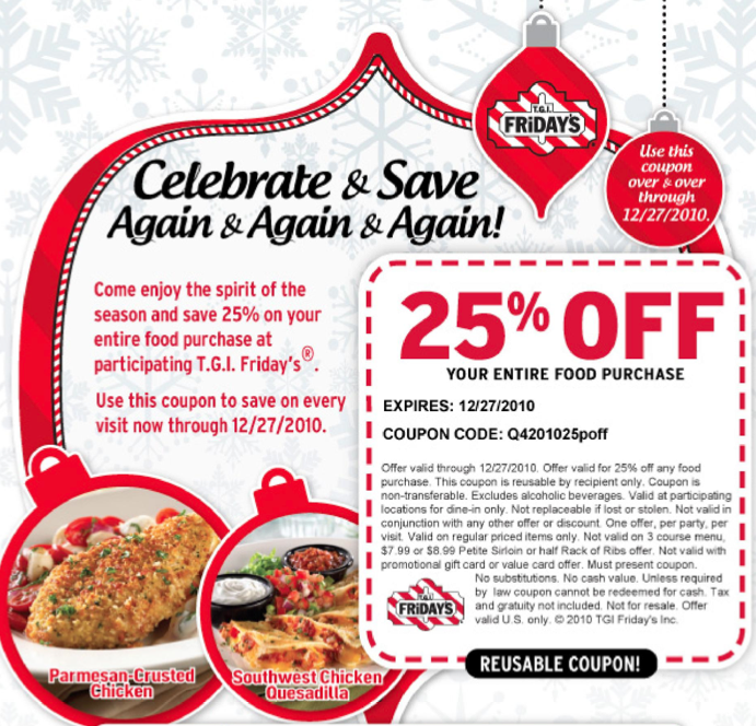 T.G.I.Fridays Re-Usable 25% Off Printable Coupon! image regarding Tgifridays Printable Coupons titled T.G.I.Fridays Re-Usable 25% Off Printable Coupon!