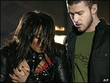 Justin Timberlake and Janet Jackson with wardrobe malfunction at the Super Bowl - photo courtesy of AP and BBC News