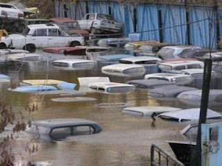 funny floating cars for sale at car yard underwater from flood photo