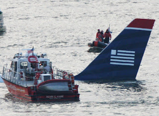 tail wing of sinking us airways plane crash hudson river new york january 2009