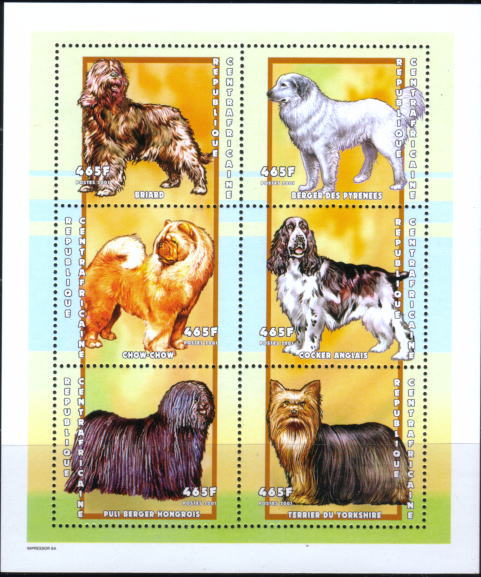2001年中央アフリカ共和国 ブリアード　グレート・ピレニーズチャウ・チャウ　コッカー・スパニエル プーリー　ヨークシャー・テリアの切手シート