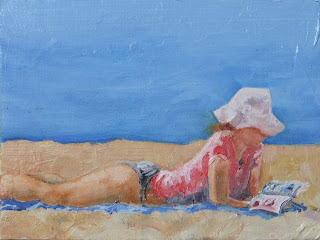 Girl Reading on the beach - Pletenberg bay - oil painting by Stephen Scott