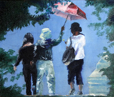 Chinese Umbrella Ladies - an oil painting by South African artist; Stephen Scott
