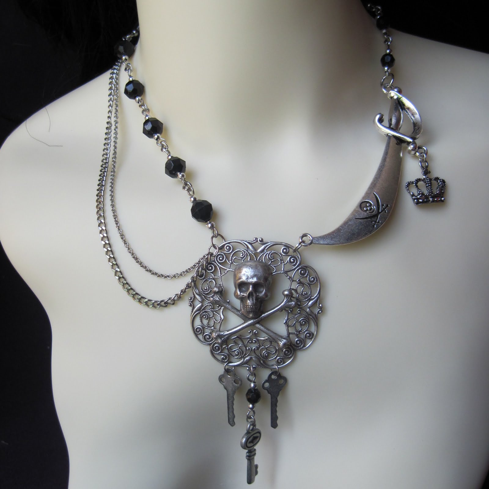 Shamble Ramble Handmade Black Beaded Cutless Filigree Pirate Necklace