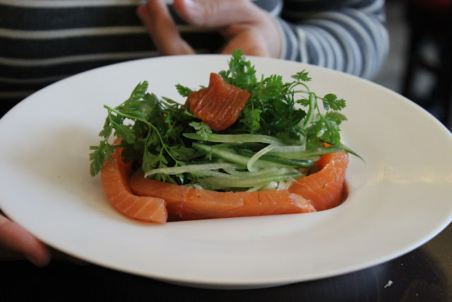 Home cured salmon with a cucumber, spring onion and ginger salad, la regalade, paris