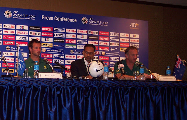 Lucas Neill and Graham Arnold at Australia's pre-match press conference, July 12 2007