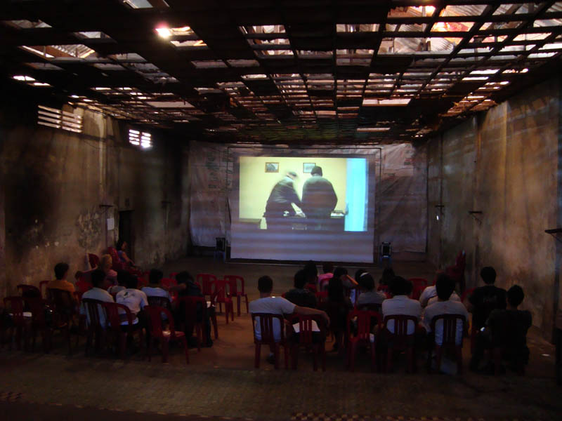 Large venue projector loaned from the US Embassy set up inside the Royal cinema