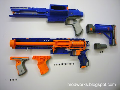 nerf raider mod guide gun plunger internals bolt sled mechanism firing unscrew detach easier rail access step 2009 spring