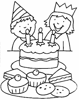 Birthday coloring pages showing two kids with a cake and desserts