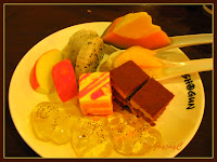 Dessert: cakes, fruits, jelly, pumpkin custard pudding
