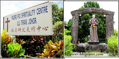 Signage of St Pio Spirituality Centre in Ulu Tiram and grotto of St Pio
