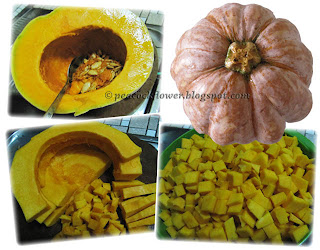 Collage of pumpkin, main ingredient for savoury steamed pumpkin cake recipe