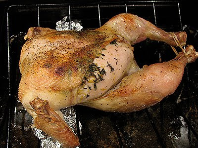 A photo of a cooked chicken resting on a roasting pan in the oven.