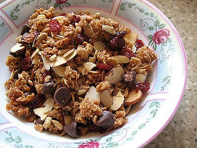 A close up photo of homemade granola in a bowl.