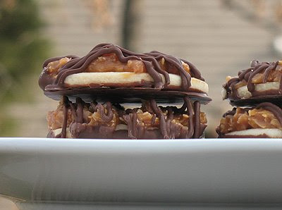 A side shot photo of girl scout copycat somoas cookies on a white plate.