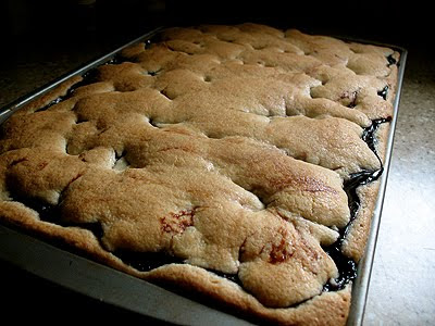 A close up photo of a pan of baked blackberry pie squares.