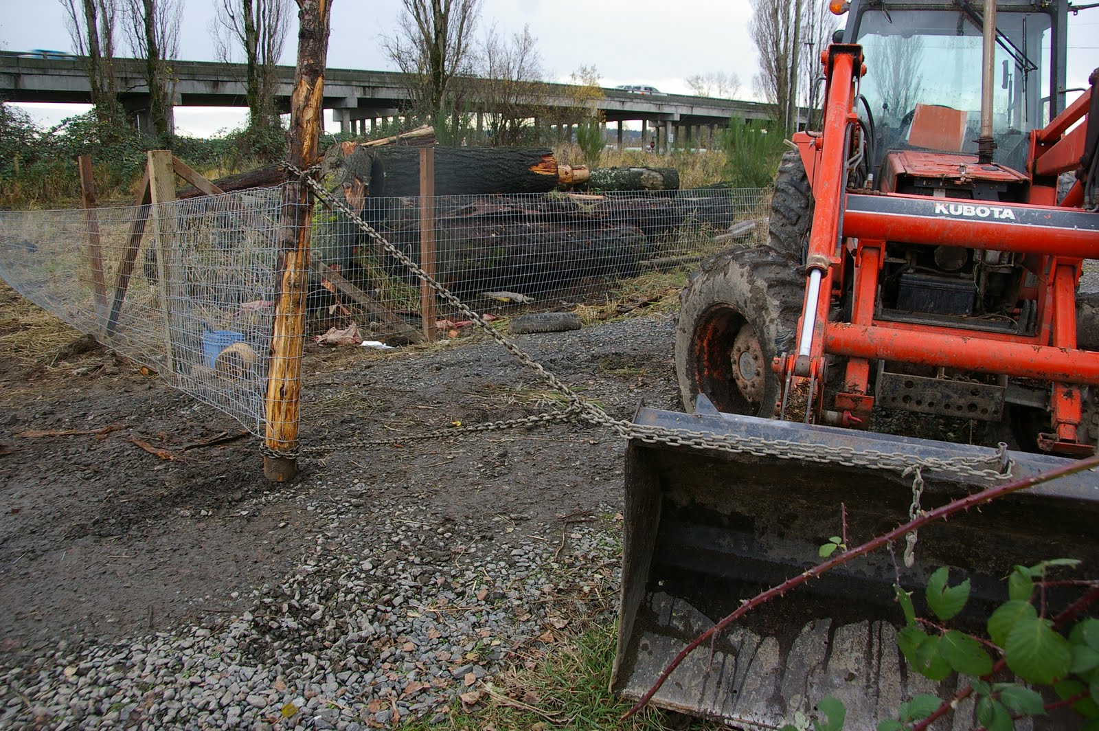 meat Stretching fencing with a tractor and a log