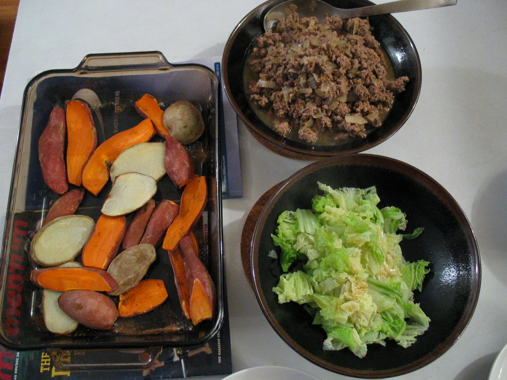 Fit After 40! Ground Beef, Broiled Yams & Siu Choy Dinner