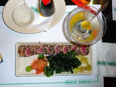 photo of my meal of seared ahi tuna and a martini