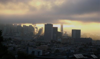 Photo of morning skyline of San Francisco with low glowering clouds