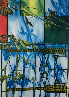 Eamon O'Kane, Wright, Le Corbusier, Mondrian Mix with Plants from Edgar Allan Poe's Garden, 2008, oil on canvas, 84" x 60"