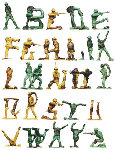 above: the Army Men Alphabet was created by student Oliver Munday for instuctors Nolen Stals and Bruce Willen at the Maryland Institute College of Art (photography by Jay Zukerkorn)