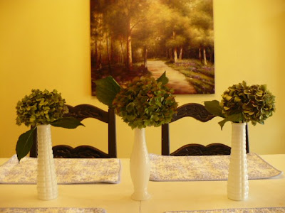 Milkglass vases with hydrangeas