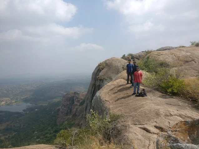 Trek crew (Dattu, Ashok, Madhu, Karthik) on the Huthridurga fort climb near Bangalore