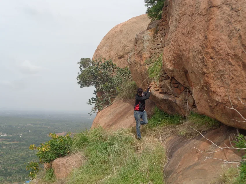 A view of the steep, challenging rock face from the middle of the climb.